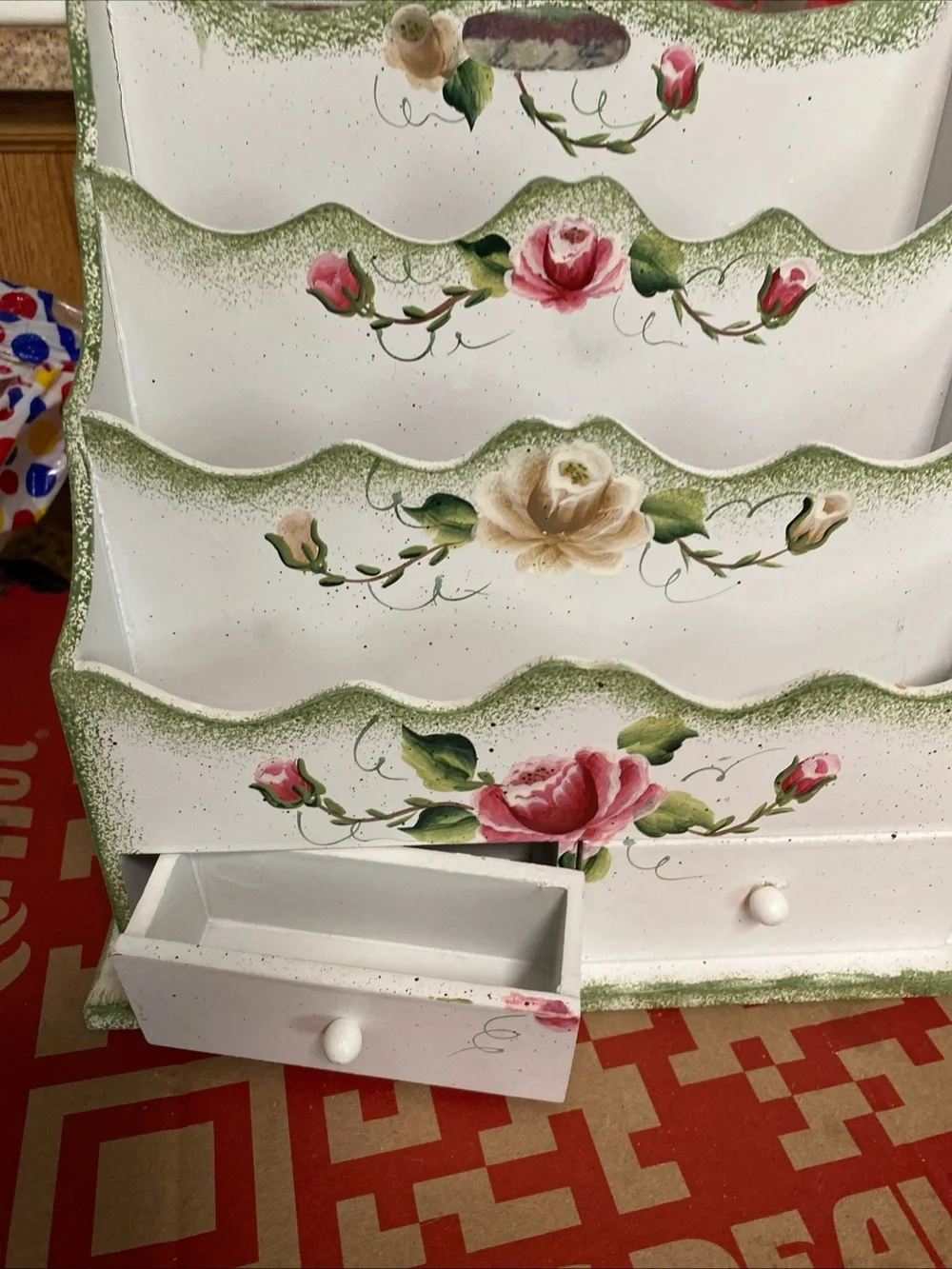Hand-Painted Floral Wooden Mail & Storage Organizer in White and Pink